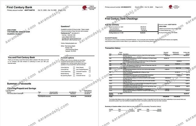 USA First Century Bank account statement Word and PDF template, 2 pages
